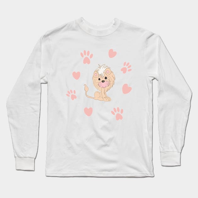 Cute Lion Cub with Paw Prints and Hearts Long Sleeve T-Shirt by Orchyd